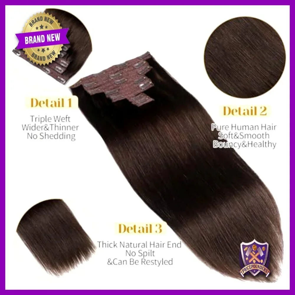 20 Inch Clip-In Human Hair Extensions, 7pc Set for Volume & Length